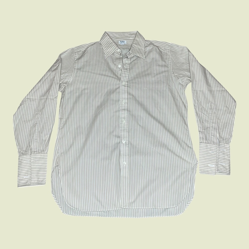 Vintage 80s Sulka Tan White Striped French Cuff Dress Shirt Mens LARGE or XL‎